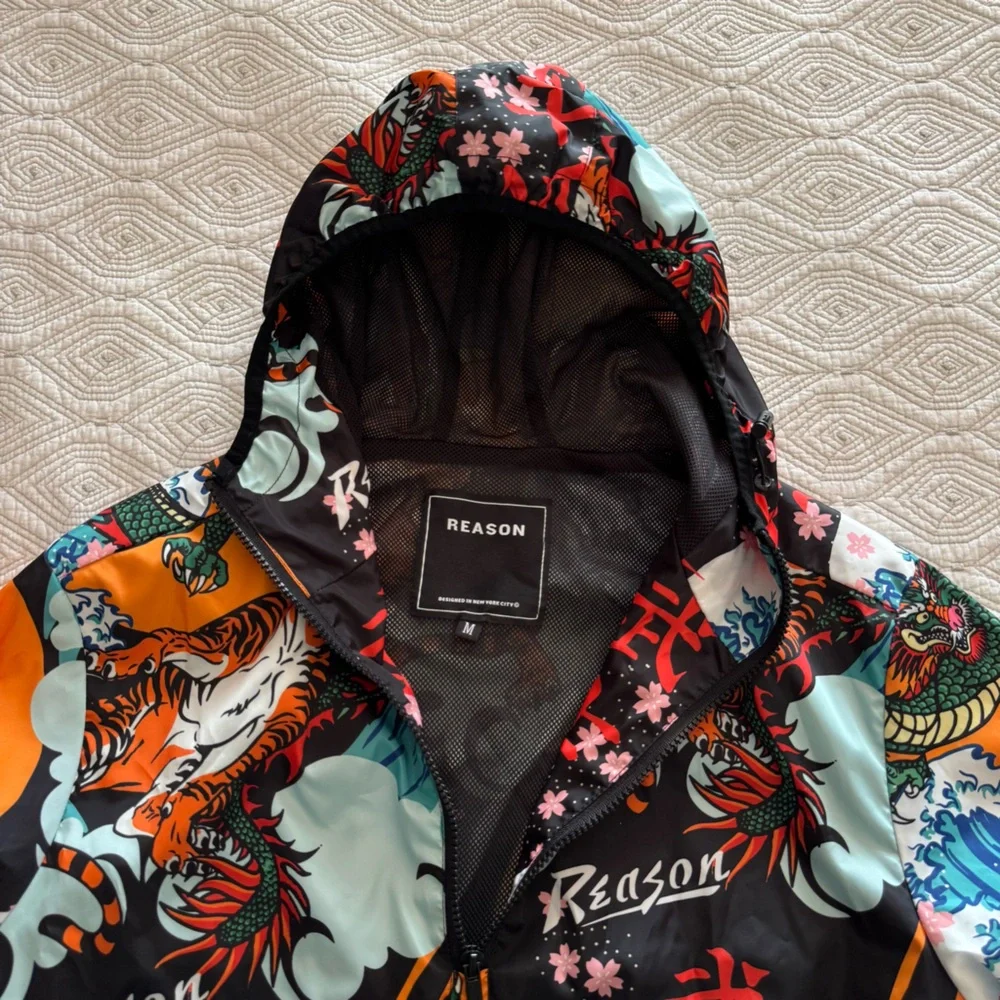 Reason Clothing Kanji Japan Print Dragon Half-Zip Anorak Hoodie Jacket Sz Medium